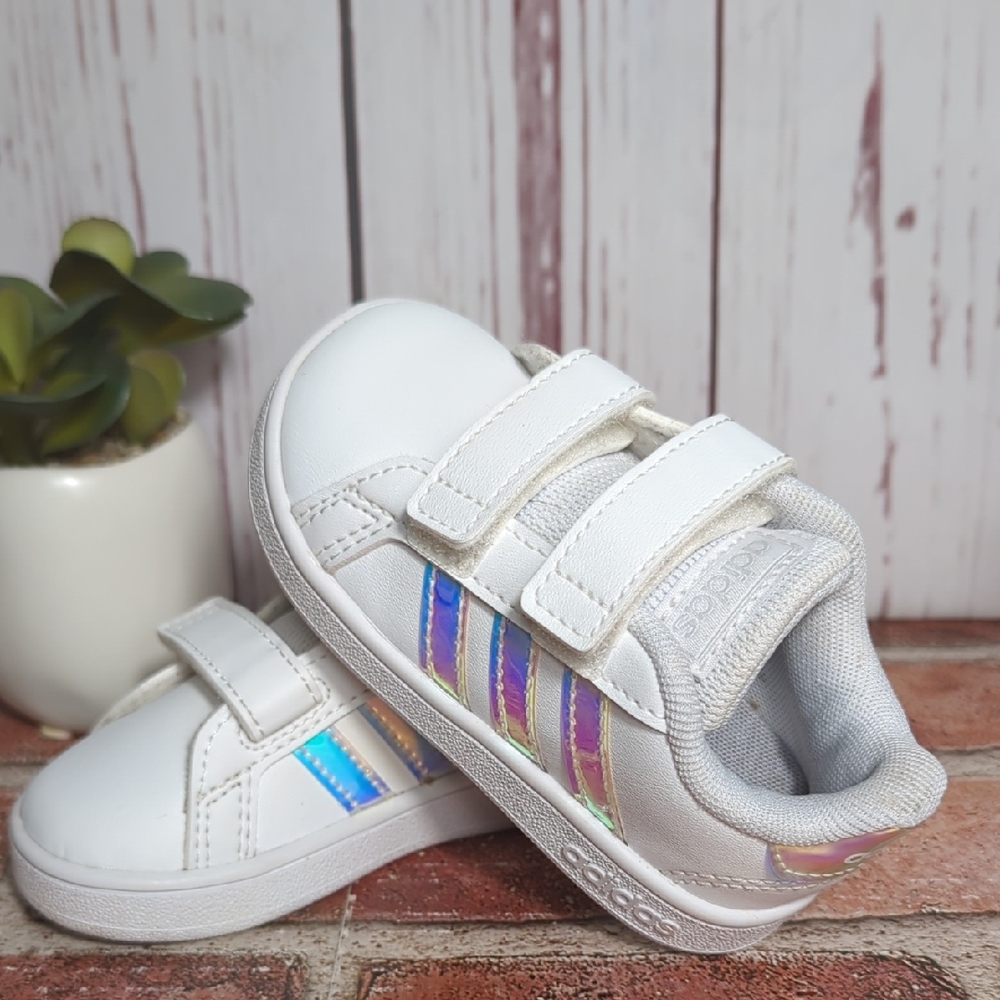 adidas Kids White Sneakers with Iridescent Stripes